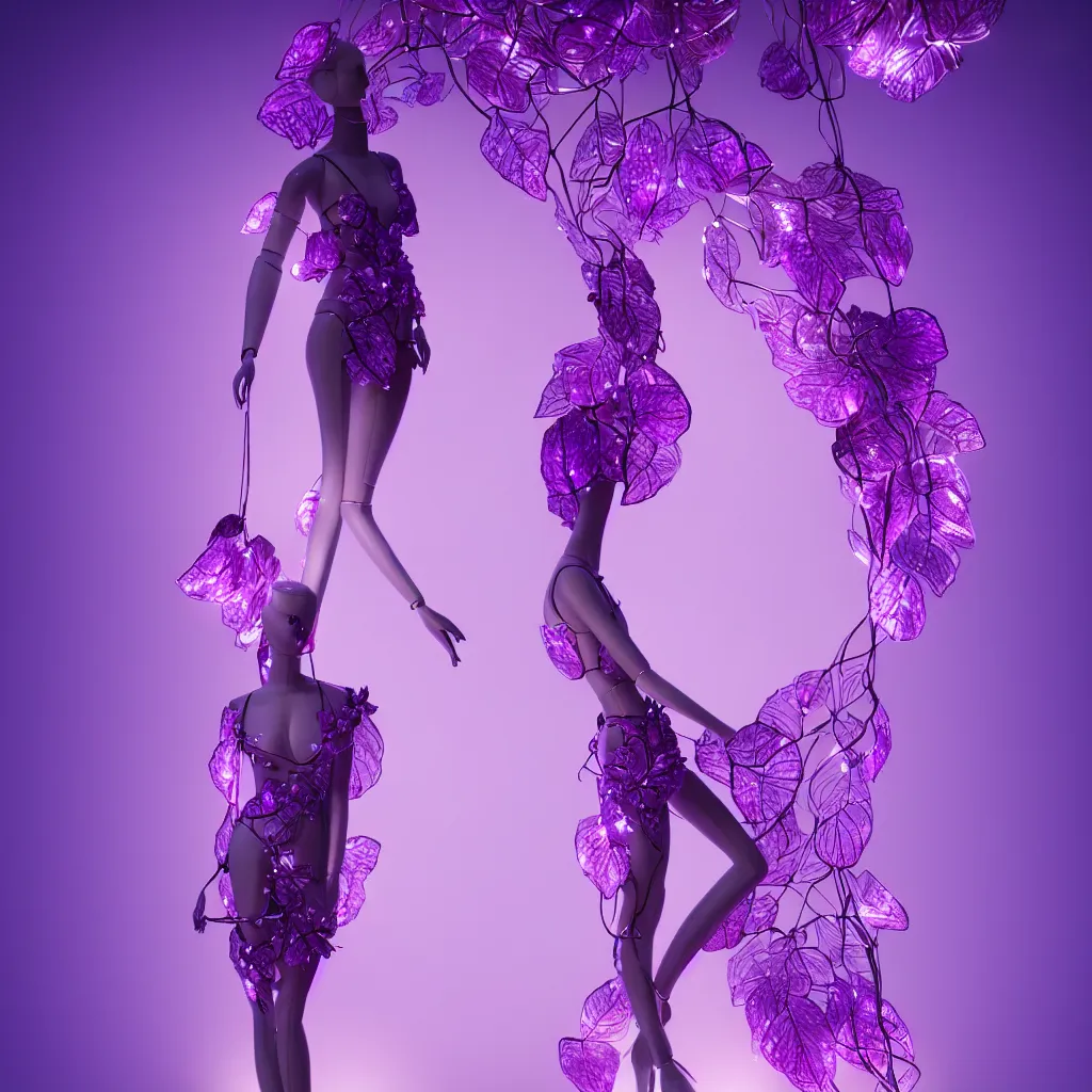 Image similar to beautiful mannequin sculpted out of amethyst by billelis + lit with 3 d geometric neon + facing a doorway opening with neon pink geometric fractal light + flowering hosta plants!!!, moon in background!, rule of thirds, clean linework, dramatic, award winning, 4 k, trending on artstation, photorealistic, volumetric lighting, octane render