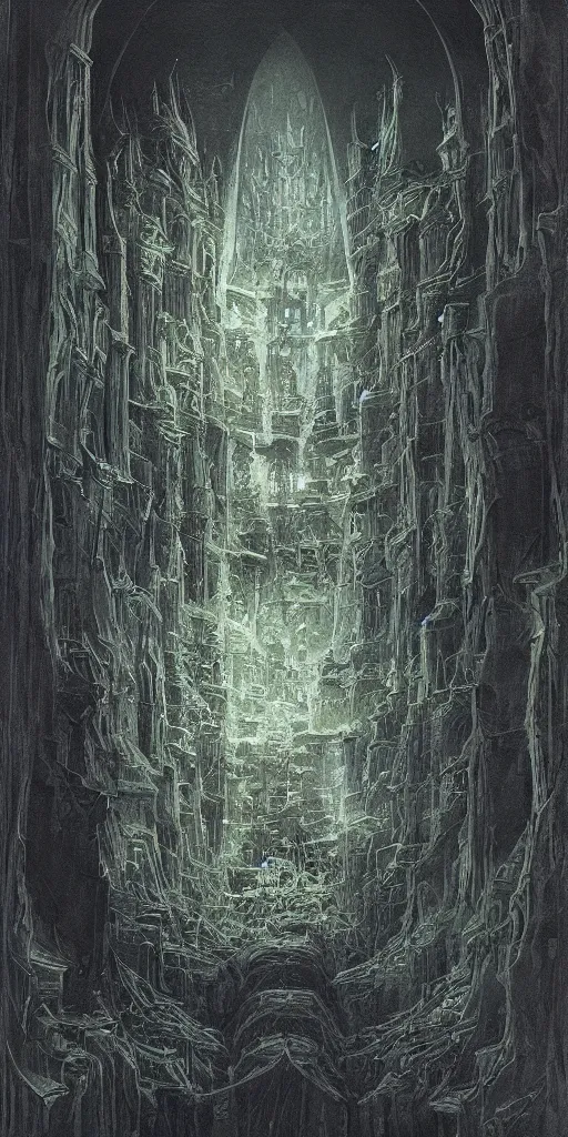 Image similar to Artwork by John Howe of the cinematic view of the Chaotic Oubliette of the Demon King.