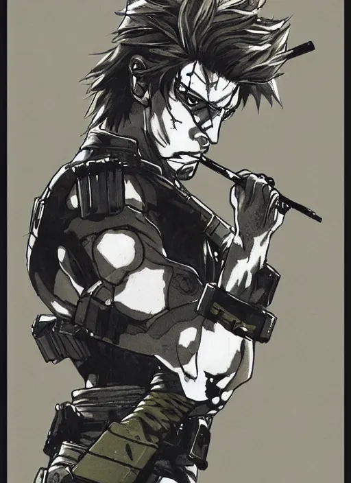 Image similar to solid snake smoking a cigarette by yoshitaka amano, final fantasy metal gear