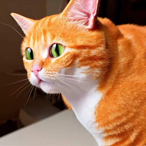 Image similar to orange tabby cat wearing a dunce cap, cgi pixar