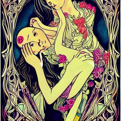 Prompt: a couple in love. she has dark wavy hair. he is bald. in the style of art nouveau. alphonse mocha. colorful floral. hyper detailed. intricate. beautiful.