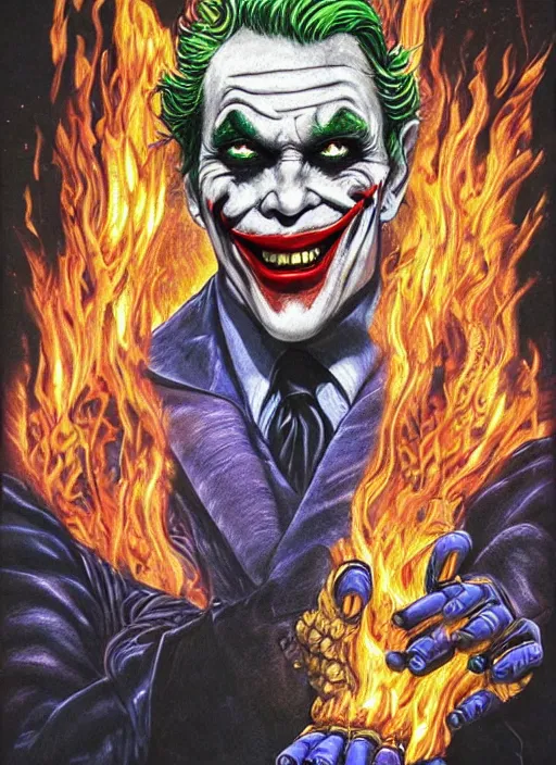 Image similar to high intricate colored ink drawing of the joker holding a glimmering fire - galaxy, full shot, neil gaiman, maria panfilova, andrea savchenko, mike kime, ludovic plouffe, qi sheng luo, oliver cook, julian calle, eddie mendoza, trending on artstation