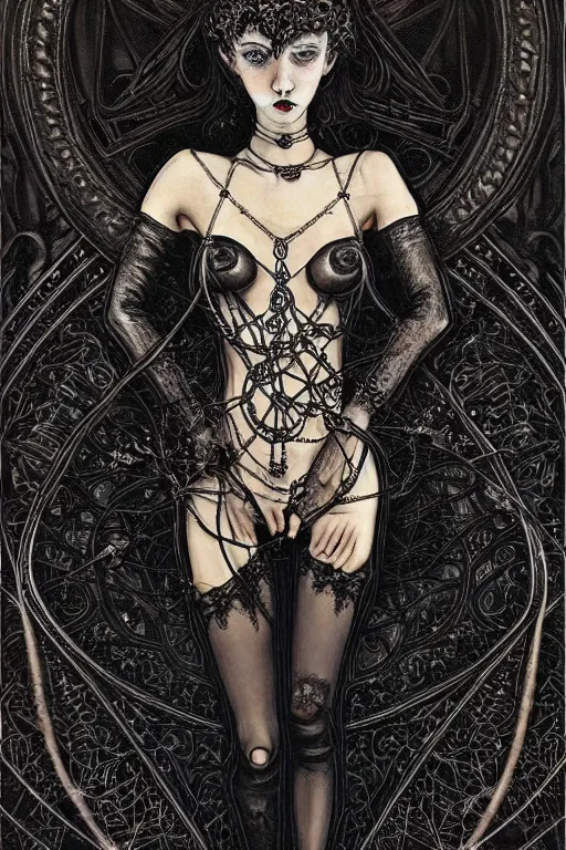 Image similar to dreamy gothic girl, black leather slim clothes, chains, art nouveau, beautiful body, detailed acrylic, grunge, intricate complexity, by dan mumford and by alberto giacometti, peter lindbergh