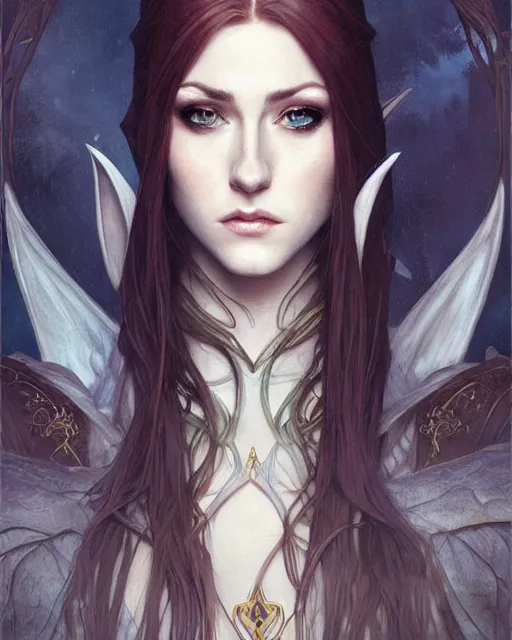 Prompt: portrait of katherine mcnamara elven mage, dark, piercing eyes, gentle expression, elegant clothing, photorealistic, highly detailed, artstation, smooth, sharp focus, art by michael whelan, artgerm, greg rutkowski and alphonse mucha