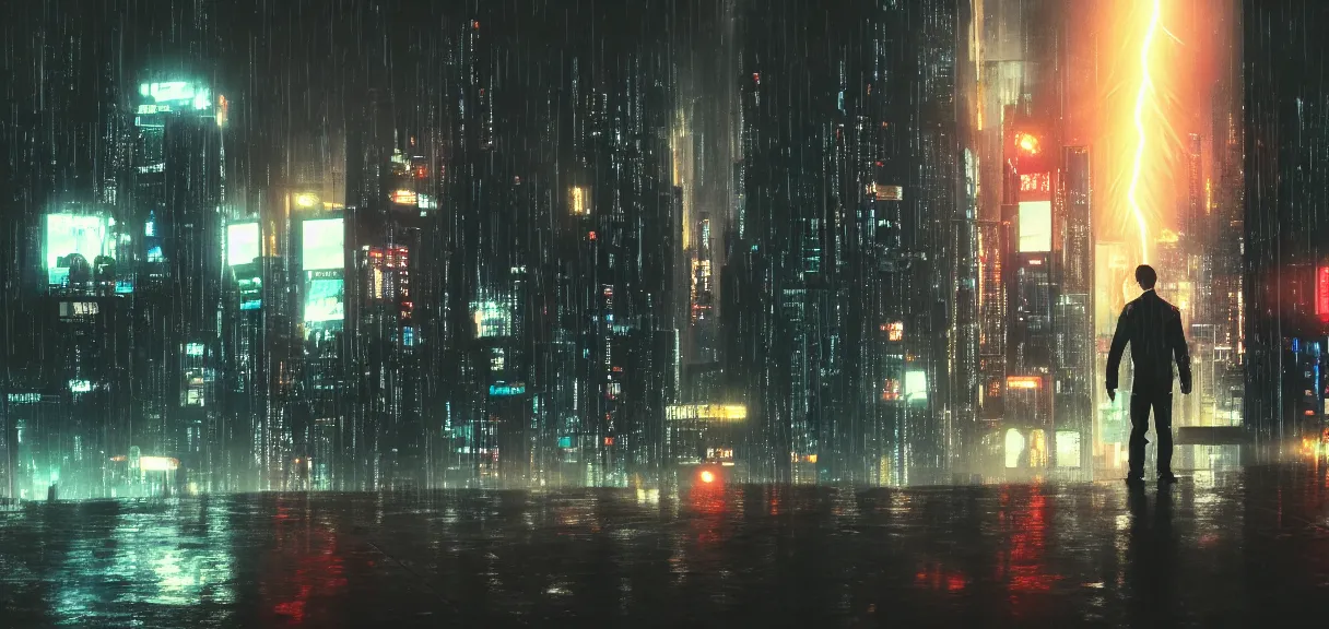 Image similar to shot of the roof with single man sitting on the edge during rain, below impressive cyberpunk night city during great rainy storm with lightning, nightscape, futuristic architecture, realistic photo, neons, blade runner, akira style, cinematic lighting, cinematic angles