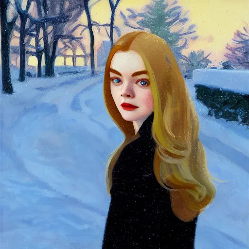 Prompt: Elle Fanning, head and shoulders masterpiece, in the snow, golden hour, in a garden, artstation, in the style of Art Deco and Edward Hopper