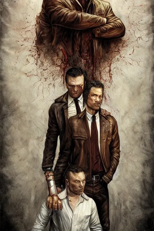 Prompt: a bloody and beaten man in a brown leather jacket and a sophisticated man in a pristine white shirt. in the style of of true detective fanfare. art by tomasz alen kopera and glenn fabry.