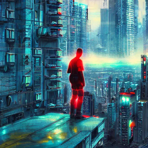 Prompt: Neon city, soldier standing on roof of large building, looking over city, Sergey Zabelin, cyberpunk, high detail, photo realistic, art station