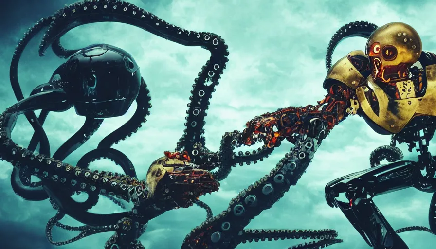 Image similar to color photograph of a battle cyborg fighting a robot octopus