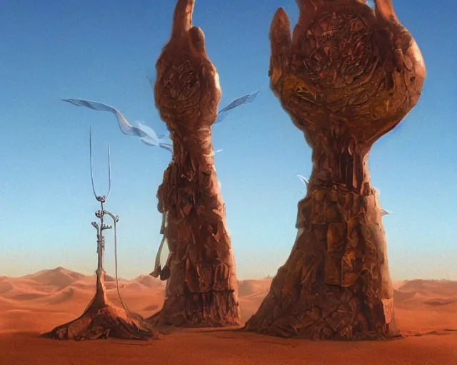 Image similar to strange cyberpunk pagan giant monument in the middle of the desert in the style of dali and bosch and moebius, oil painting