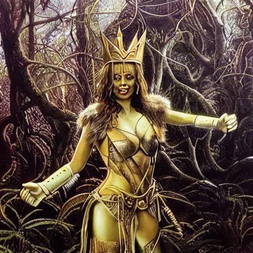 Image similar to keira knigjtley as amazon queen, in a metal forest, shadows, art by michael whelan