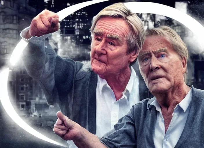 Prompt: action shot of ken barlow from coronation Street performing a hadouken like round from Street fighter, realistic, detailed, cinematic, concept art, digital art,