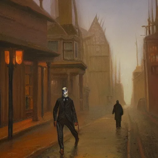 Prompt: oil painting of a man walking down a Victorian street, wearing cursed wrappings, with a mage staff, by H P Lovecraft