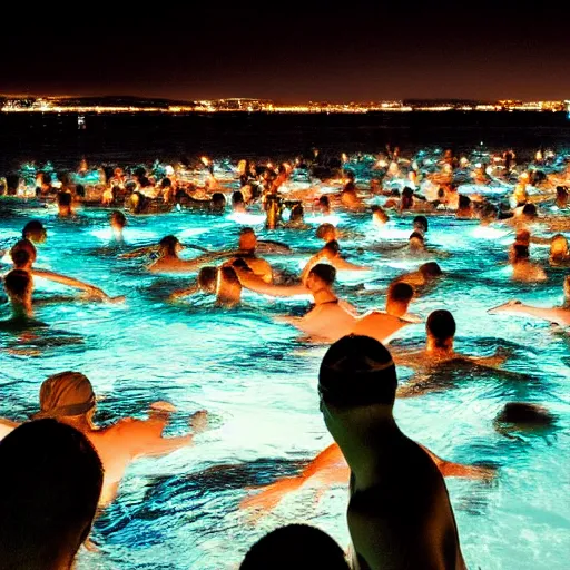 Prompt: swimming diverse groups of humans glowing sea at night, from behind, wide angle, elaborate, highly detailed, beautiful lighting