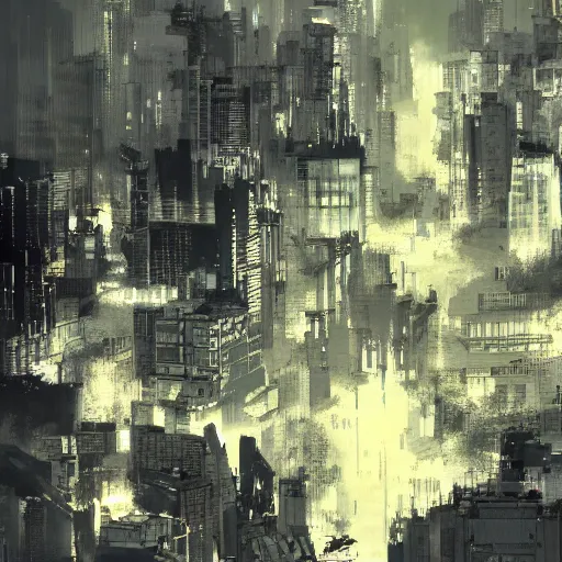 Image similar to concept art of tokyo city taken from drone by yoji shinkawa and ashley wood and j. m. w. turner, speed painting, photo bash, cinematic angle, super detailing, monochrome