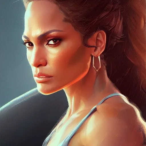 Image similar to “ portrait of jennifer lopez by greg rutkowski, young, attractive, highly detailed portrait, scifi, digital painting, artstation, concept art, smooth, sharp foccus ilustration, artstation hq ”