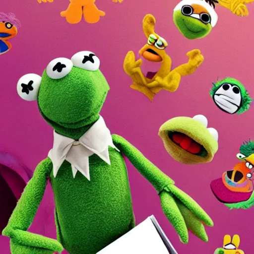 Image similar to muppet looking at a pile of human internal organs