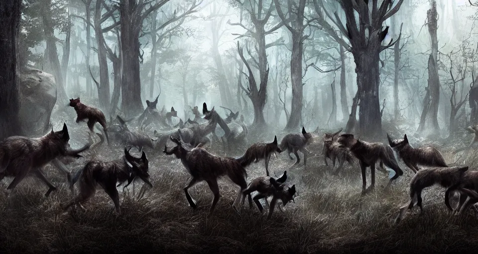 Image similar to an epic action concept masterpiece of a rabid wolfpack, in a forest made of nightmares, inspired by sd ai. horrific digital art, extremely moody lighting