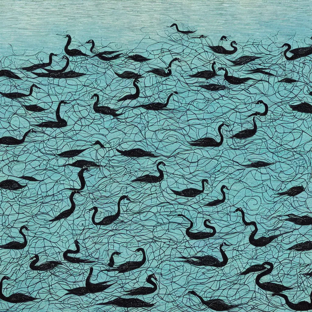 Image similar to blackswans in a lake, lake is super blue, sky is visible, lake surrounded by forest, by collaboration of M. C. Escher and Salvador Dali and Van Gogh