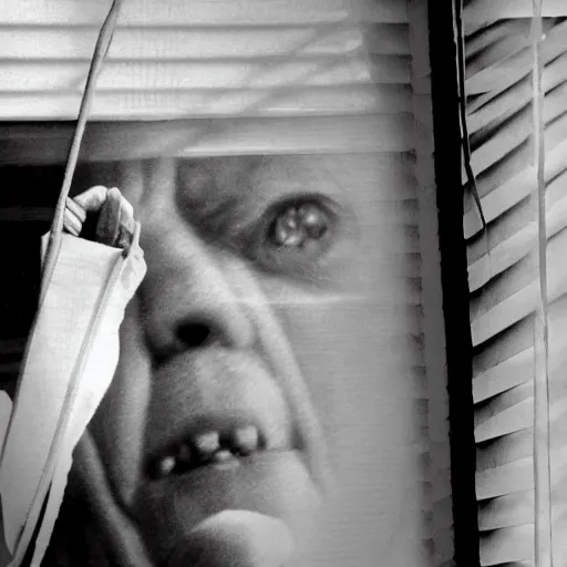 Prompt: a photo taken from the inside of an old house with window blinds being pulled back to reveal a terrifying boris johnson with his face pressed against the window with his hand on the window and a horrifying grin. horror, black and white, raining, night time