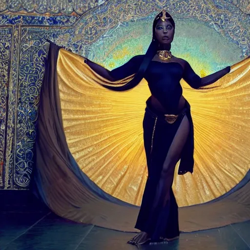 Prompt: aesthetic!!!!!! Female genie in Arabic clothing, black skin, long black hair, gold tint, frontal pose, natural lighting, silk, fabric, full-length view, film still by Dennis Villeneuve, 8K, symmetrical balance, in-frame, depth of field, vibrant.