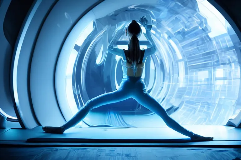 Image similar to vfx movie scene closeup portrait of beautiful blue skin fit alien gorgeous woman dancing in in yoga pants in sleek futuristic decadent spaceship pillars, alien antenna, futuristic ballroom. big eyes, soft skin, giant windows view of earth obit. by emmanuel lubezki