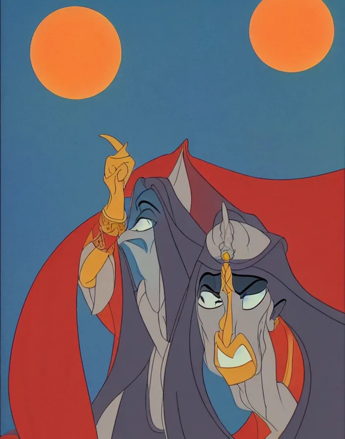 Prompt: 1 9 9 0 disney animation cel still from aladdin of a portrait of jafar reimagined as sauron