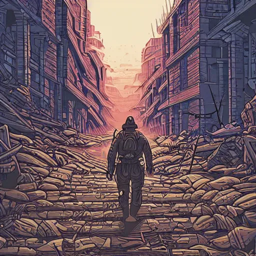 Image similar to a lone soldier walks along a line in a ruined city by dan mumford