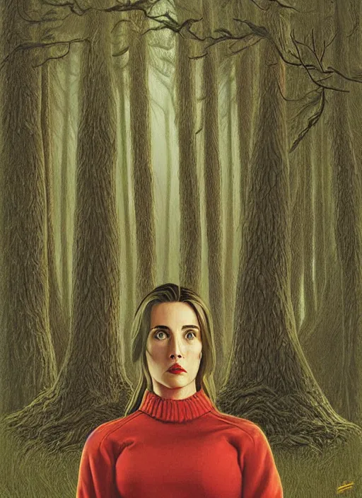 Image similar to twin peaks poster art, from scene from twin peaks, by michael whelan, artgerm, retro, nostalgic, old fashioned, portrait of jennifer connelly in woods looking for her friends