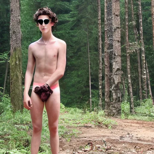 Prompt: timothee chalamet with loincloth, ominous, eerie forest in background