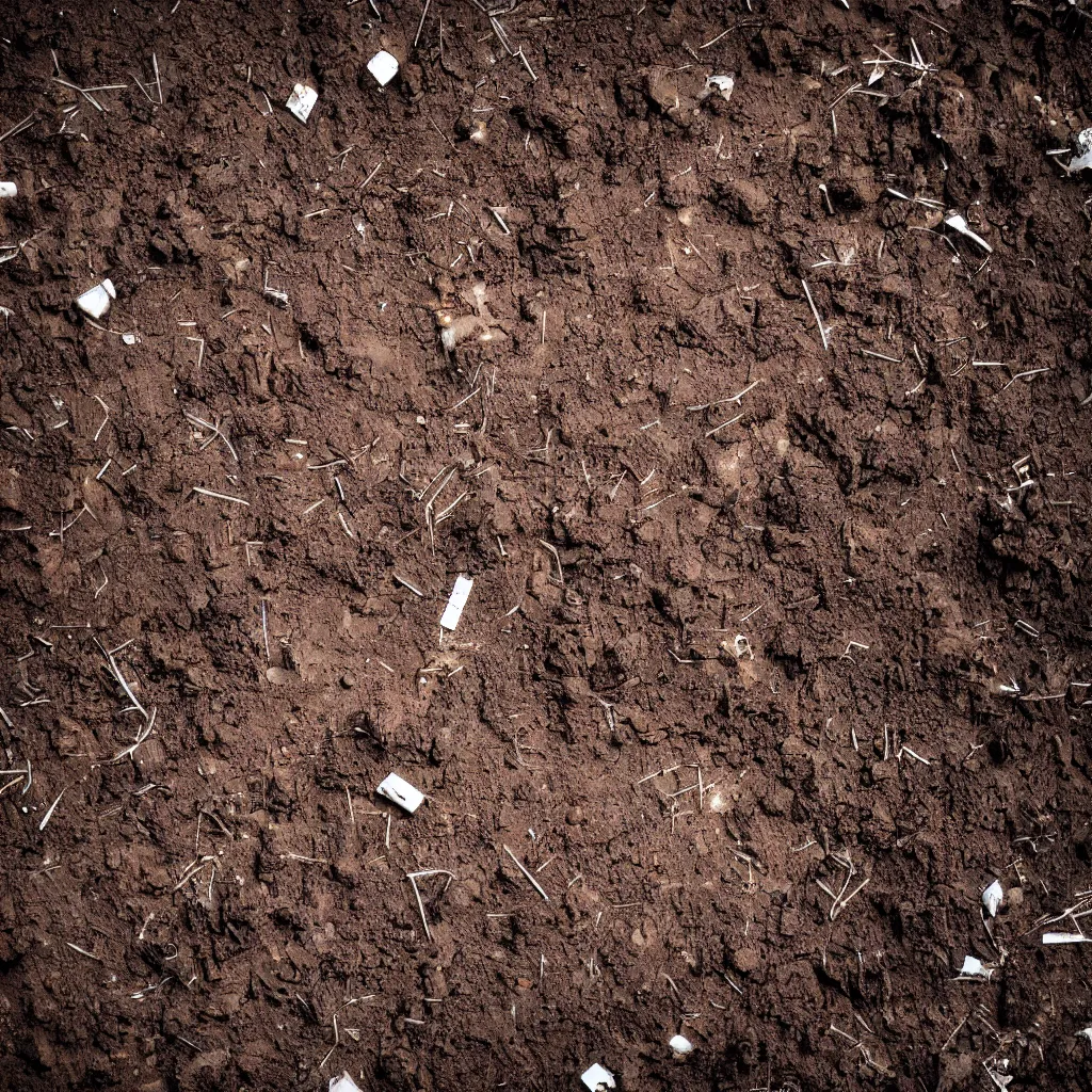 Prompt: a high camera topdown picture of nightmare horror dirt with trash, bricks, roots and mud. dark.