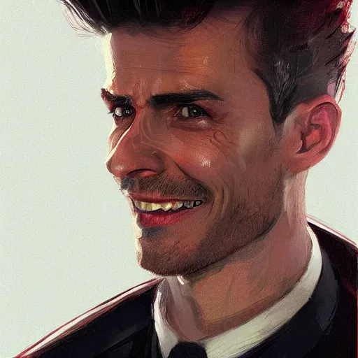 Image similar to portrait of a man by greg rutkowski, he is about 3 0 years old, mixture between german and turkish, copper quiff hair, uncanny smile, very tall and slender, he is wearing a futuristic police gear, highly detailed portrait, digital painting, artstation, concept art, smooth, sharp foccus ilustration, artstation hq