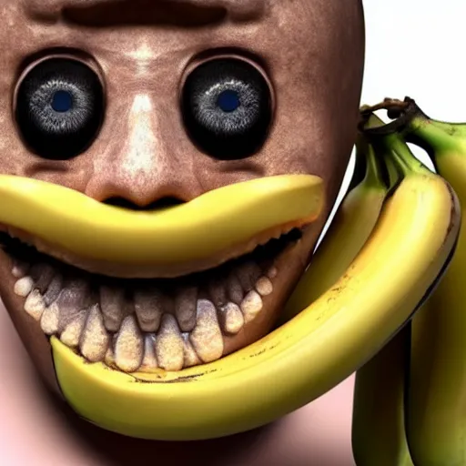 Image similar to a banana with human teeth and eyes, visible skin pores, the banana is sweating, highly detailed, highly realistic, uncanny.