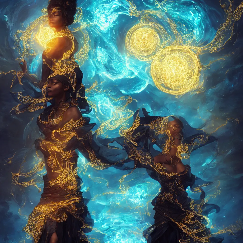 Prompt: gorgeous black woman as a spellcaster mage, dynamic pose full body, hand holding a fractal golden fireball spell , intricate flowing robes, black and golden cloak, Octane render, rule of thirds, golden ratio, 8k, Peter Mohrbacher