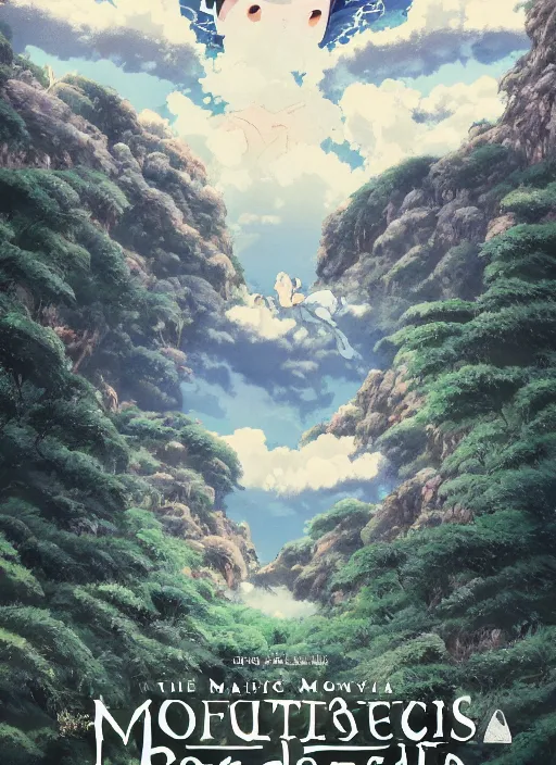 Image similar to the flim poster of a magical place around mountains and river, white spirit flying around the sky, miyazaki's animated film, ghibli studio, princess mononoke, 4 k, highly detailed, horizon view, cinematic composition, hyperdetailed,