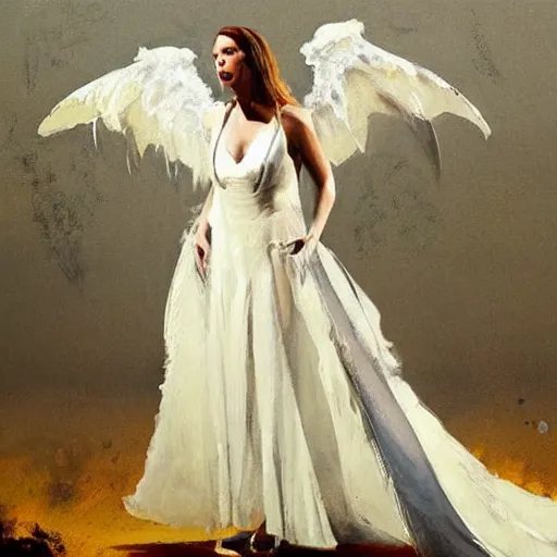 Image similar to Painting by Greg Rutkowski, an opera singer in a white dress with wings on stage