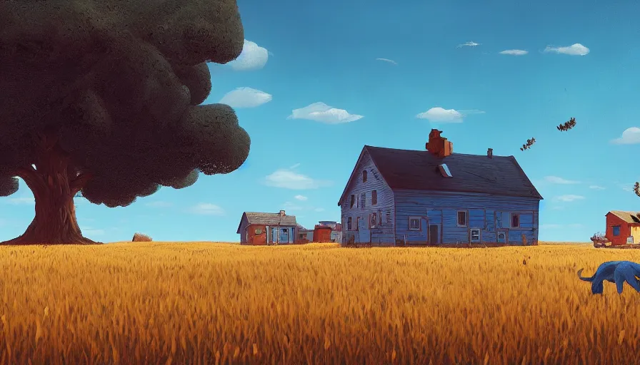 Image similar to gigantic cat next to the small house, wheat field harvesting, big tree, matte painting, art station, blue sky, simon stalenhag