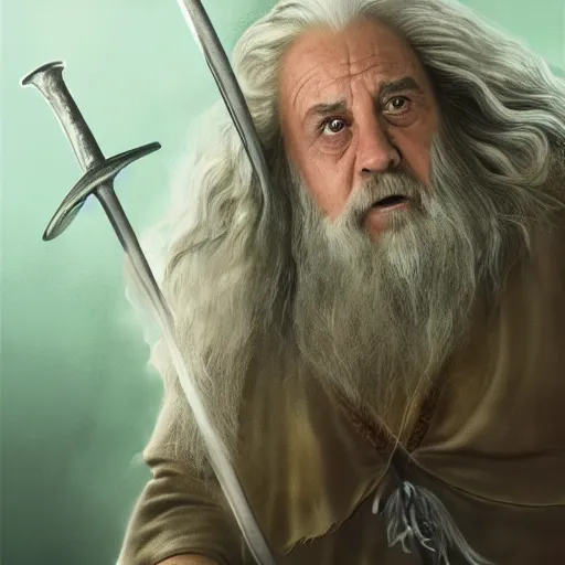 Image similar to danny devito as gandalf the white, lord of the rings movie, full body, high quality, wide angle, illustration, digital art, full color