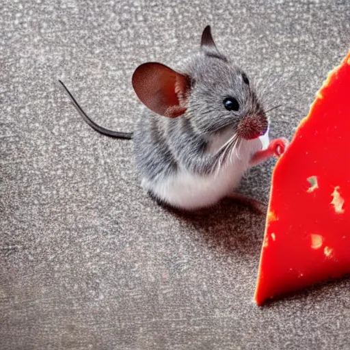 Image similar to a small blue mouse eating a piece of red cheese