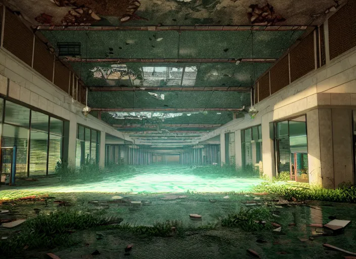 Image similar to inside a huge abandoned overgrown mall with swimming pool maze, bright halogen lights, highly detailed, 8 k, hdr, octane render, trending on artstation, volumetric lighting