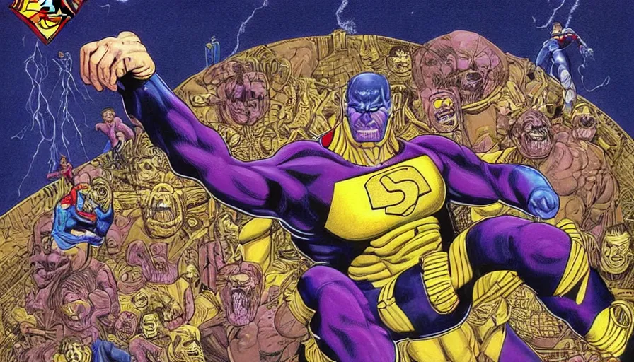 Prompt: beautiful lifelike painting of thanos as superman hunting seamonkeys, hyperreal detailed facial features and uv lighting, retro pixel bitmap art by ed roth and basil wolverton