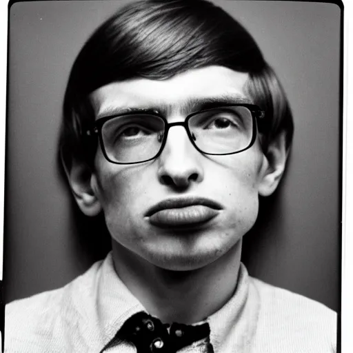 Image similar to Mugshot Portrait of Young Stephen Hawking, taken in the 1970s, photo taken on a 1970s polaroid camera, grainy, real life, hyperrealistic, ultra realistic, realistic, highly detailed, epic, HD quality, 8k resolution, body and headshot, film still, front facing, front view, headshot and bodyshot, detailed face, very detailed face