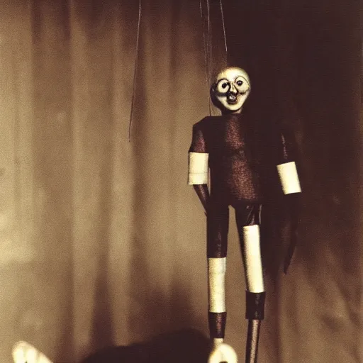 Image similar to female alive, creepy marionette puppet, leaping towards viewer, horrific, unnerving, clockwork horror, pediophobia, lost photograph, dark, forgotten, final photo found before disaster, human laying unconscious in the background, polaroid,