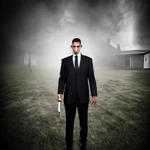 Image similar to man in strict suit, one man, an indifferent face, house on background, bloody knife, blood on body, full body, little fog, evening, extremely detailed, sharp focus, professional photographer, professional model