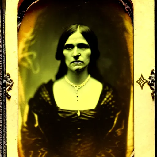 Image similar to daugerreotype of cthulhu high priestess. ambrotype of occult priestess. tintype of a beautiful woman