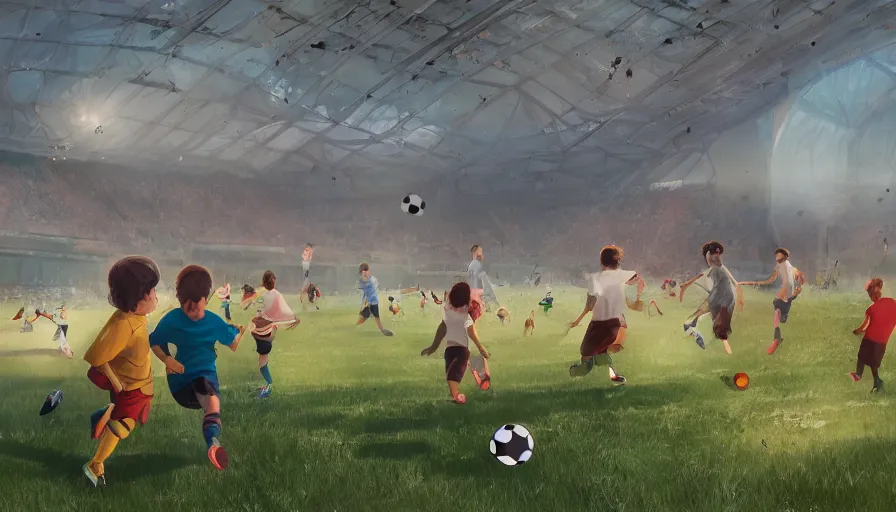 Image similar to five kids playing soccer in destroyed rfk memorial stadium, sunny day, hyperdetailed, artstation, cgsociety, 8 k