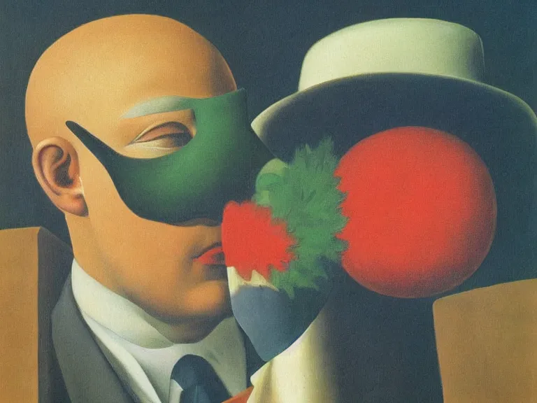 Image similar to mask, painting by rene magritte, high detail, high resolution