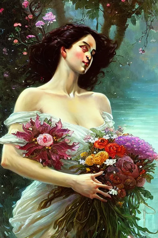 Image similar to portrait of a beautiful mysterious woman holding a bouquet of flowing flowers, hands hidden under the bouquet, lying in a pool of water, fantasy, regal, intricate, by stanley artgerm lau, greg rutkowski, thomas kindkade, alphonse mucha, loish, norman rockwell