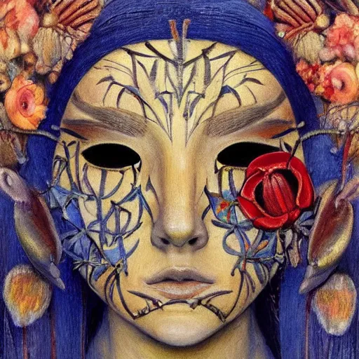 Image similar to a masterpiece painting of a facemask made of stylized flowers, by annie swynnerton and jean delville and tino rodriguez, flower mask, art deco shaman, art brut, symbolist, dramatic cinematic lighting, god rays, iridescent beetles, clean crisp graphics, smooth sharp focus, extremely detailed