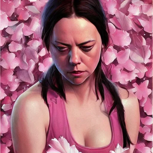 Prompt: pink petals with a a wonderful aubrey plaza and christina ricci serving chicken wings in hooters shirt, intricate, elegant, highly detailed, wonderful eyes, sweet, digital painting, artstation, concept art, smooth, sharp focus, illustration, art by artgerm and greg rutkowski and concept art